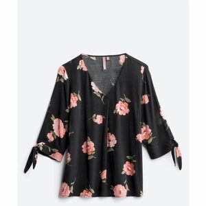 Chic Black Floral Blouse with Pink Blooms